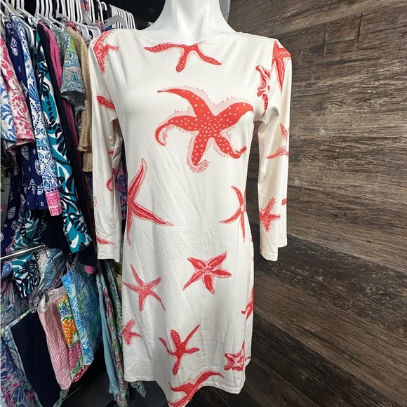 Melly M White and Coral Pink Starfish Sheath Dress Resort Wear 3/4 Sleeve - Picture 1 of 8
